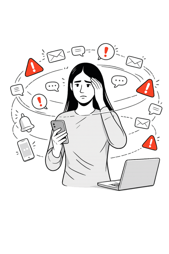 Always-on culture illustration – woman surrounded by devices and demands, unable to switch off