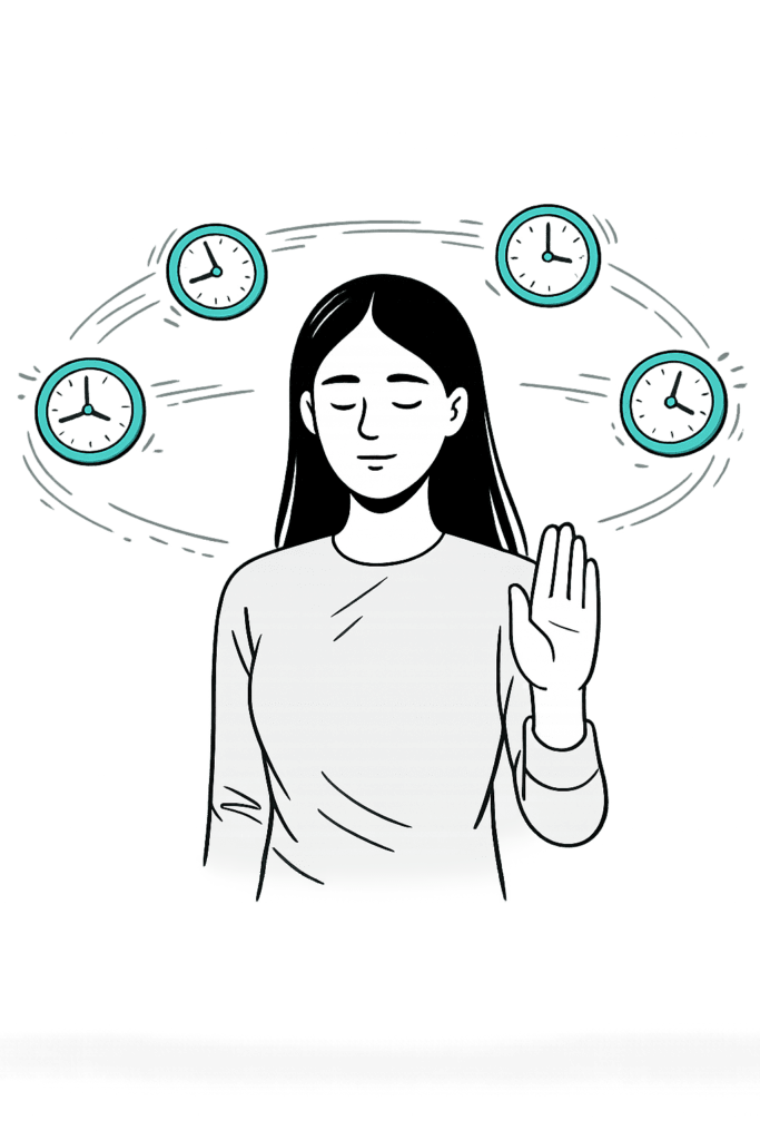 Choosing to pause from urgency – woman placing her hand up to stop the rush and taking a breath