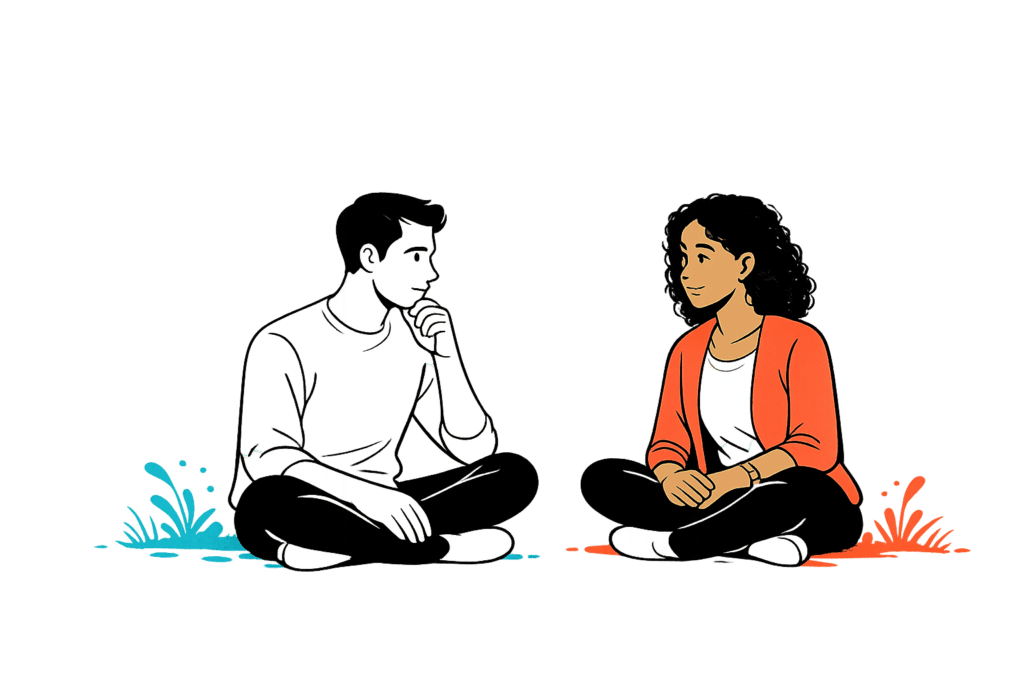 Coach resisting the urge to fix – woman pausing before rushing to offer solutions in a coaching session
