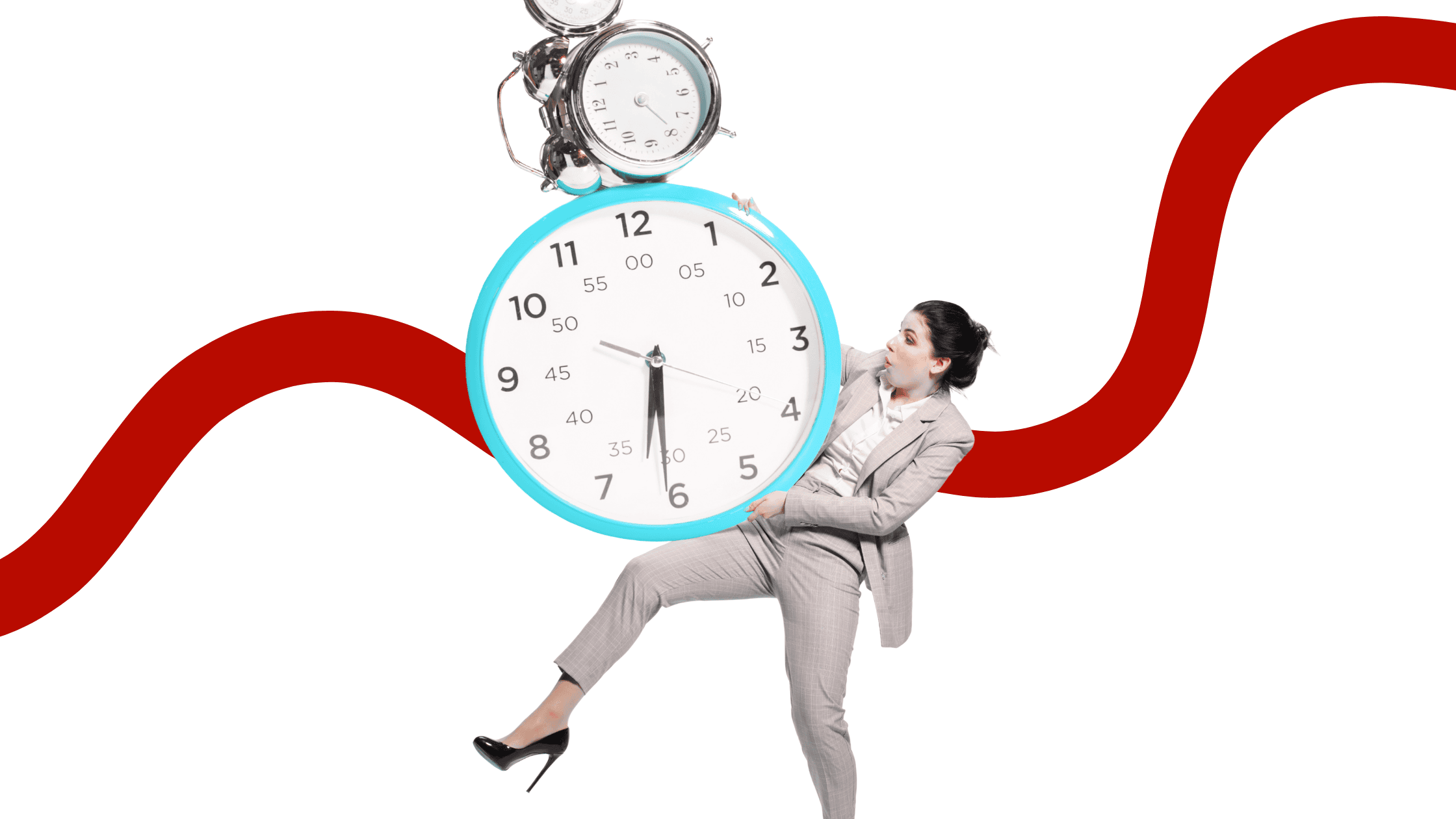 Constant urgency illustration – woman rushing forward surrounded by clocks and notifications, unable to pause