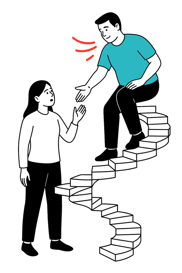 Developmental coaching – coach reaching down to support a client climbing a spiral staircase