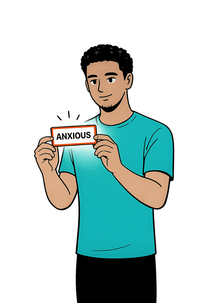 Naming emotions practice – man observing and labelling his mood, creating space between feeling and reaction