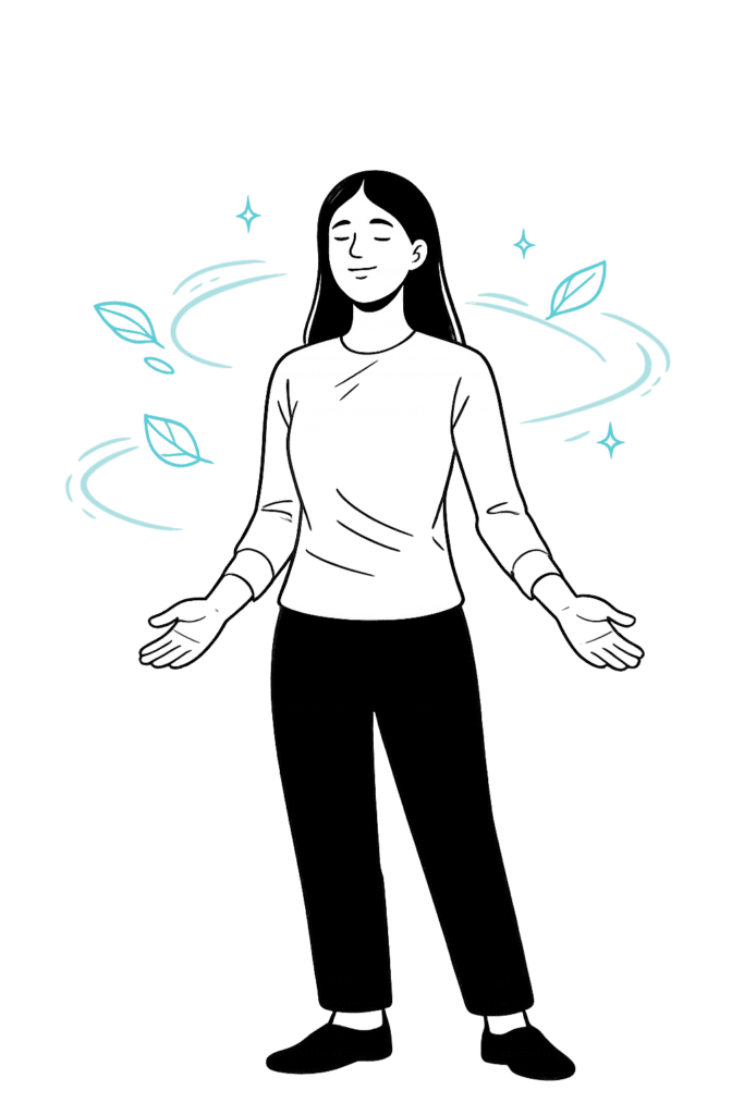 Stillness and presence over urgency – woman standing calmly in open space, grounded and unhurried