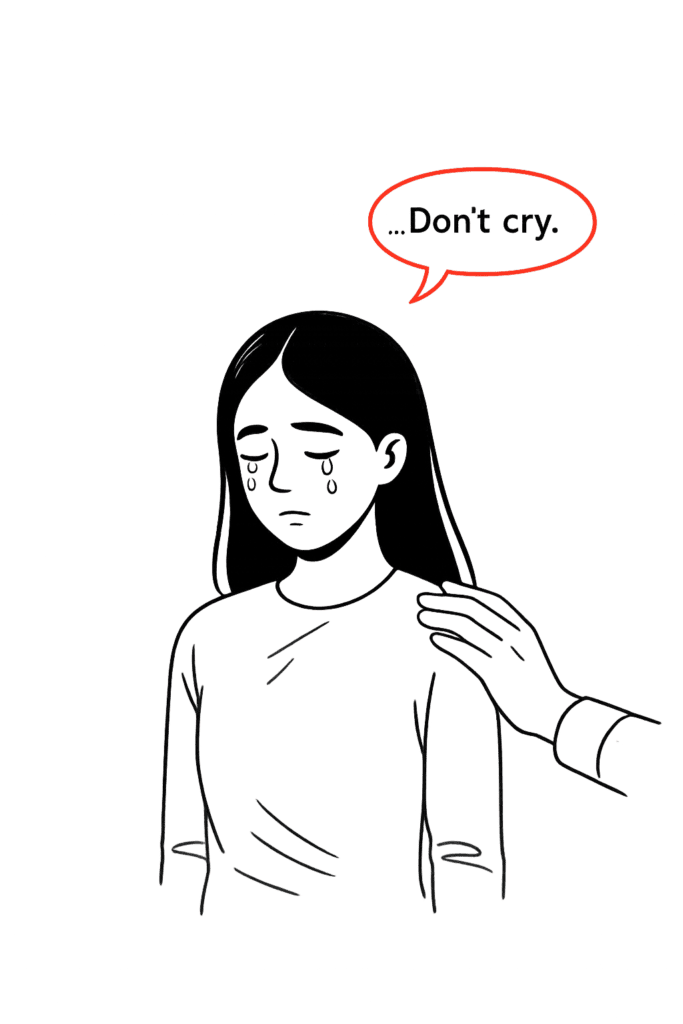 Suppressing emotions illustration – child being told not to cry, learning to push feelings aside rather than understand them